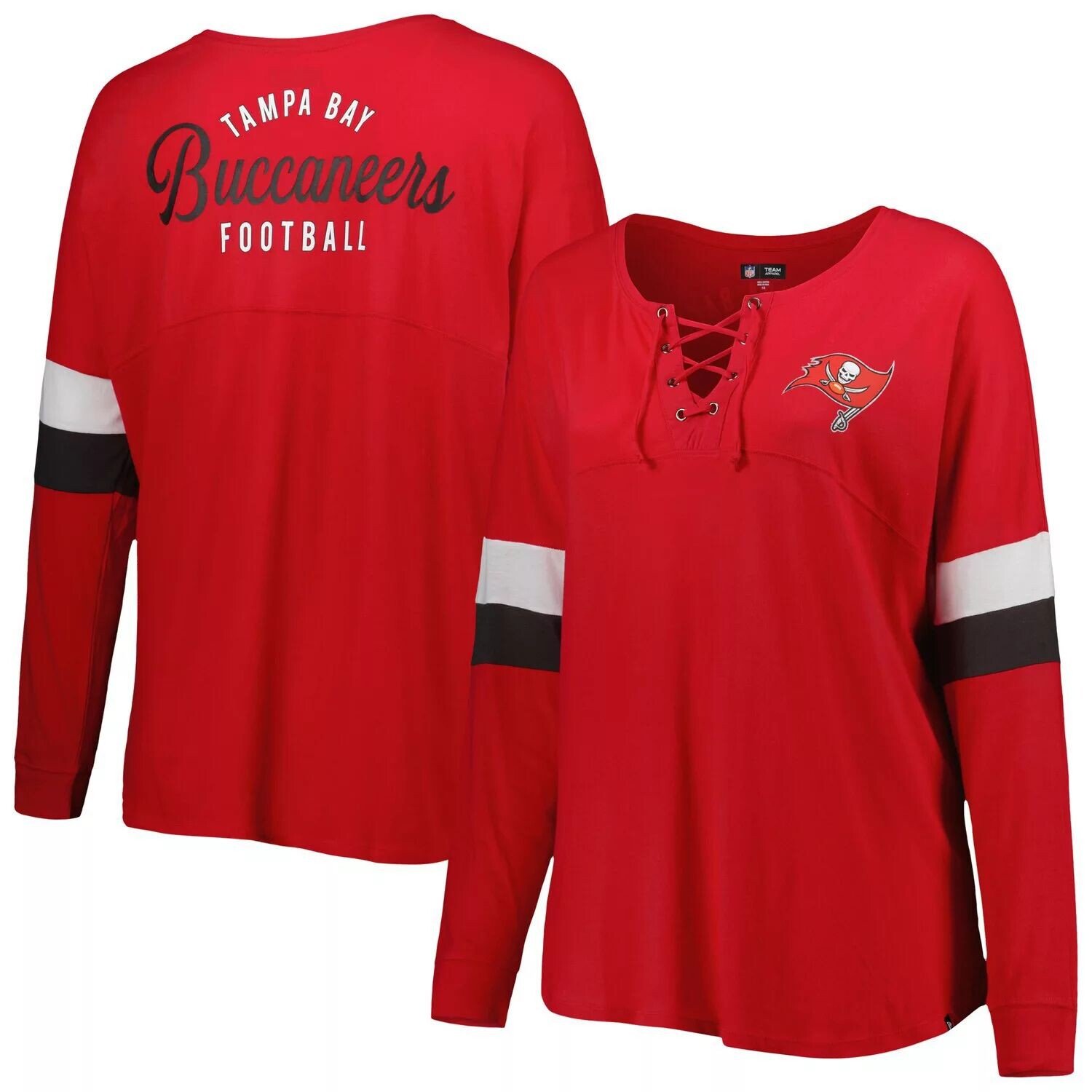 

Женская спортивная университетская футболка New Era Red Tampa Bay Buccaneers размера плюс с v-образным вырезом и длинными рукавами на шнуровке New Era
