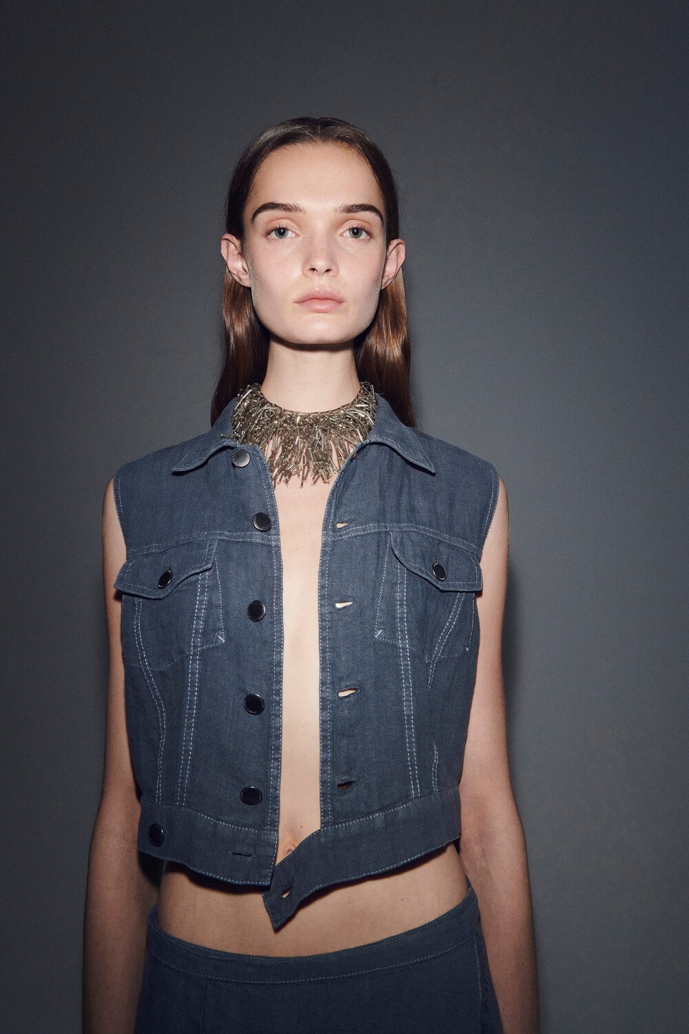 

Льняный жилет с отшивкой Zara, серый