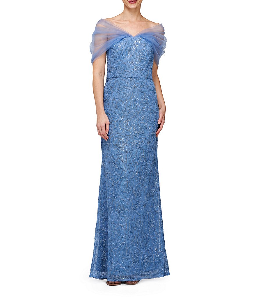 цена JS Collections Сетчатое платье с пайетками и сутажной вышивкой, портретным вырезом и короткими рукавами, синий