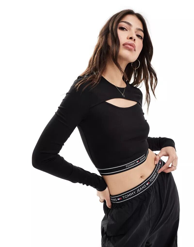 

Черный топ с длинными рукавами Tommy Jeans, лентой с логотипом и вырезами