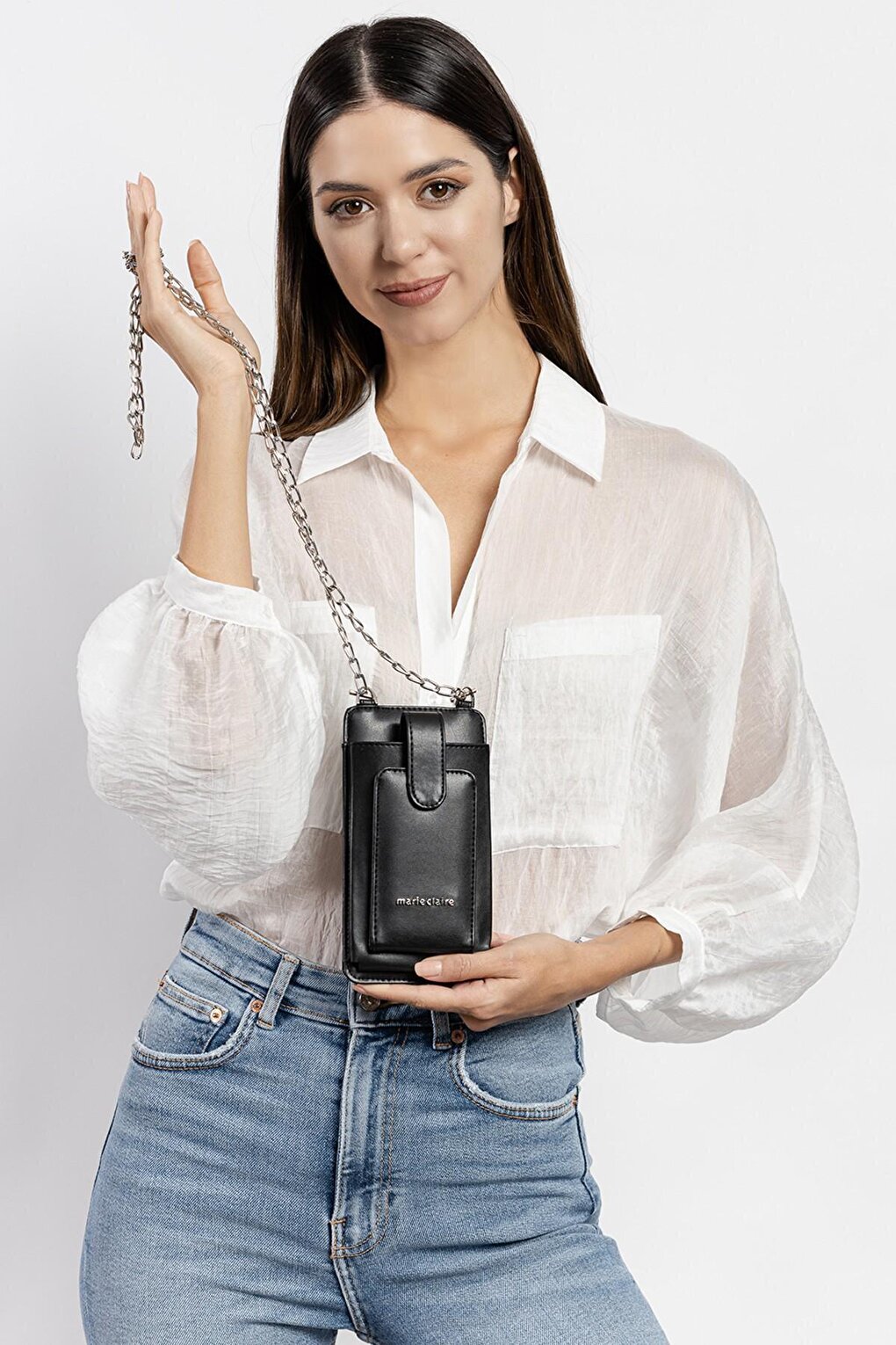 Черный женский кошелек и сумка для телефона с перекрестным ремешком-цепочкой Carlotta MC222306571 Marie Claire