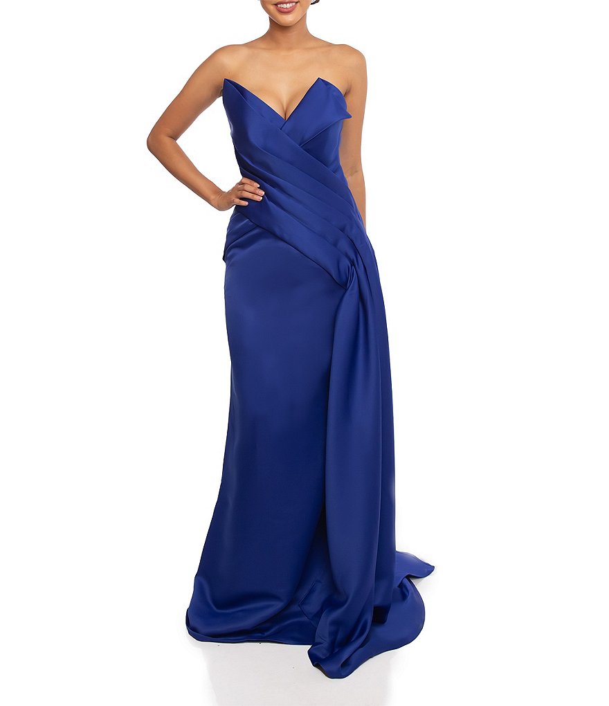 цена Terani Couture Атласное платье русалки без бретелек без рукавов с драпировкой по бокам, синий