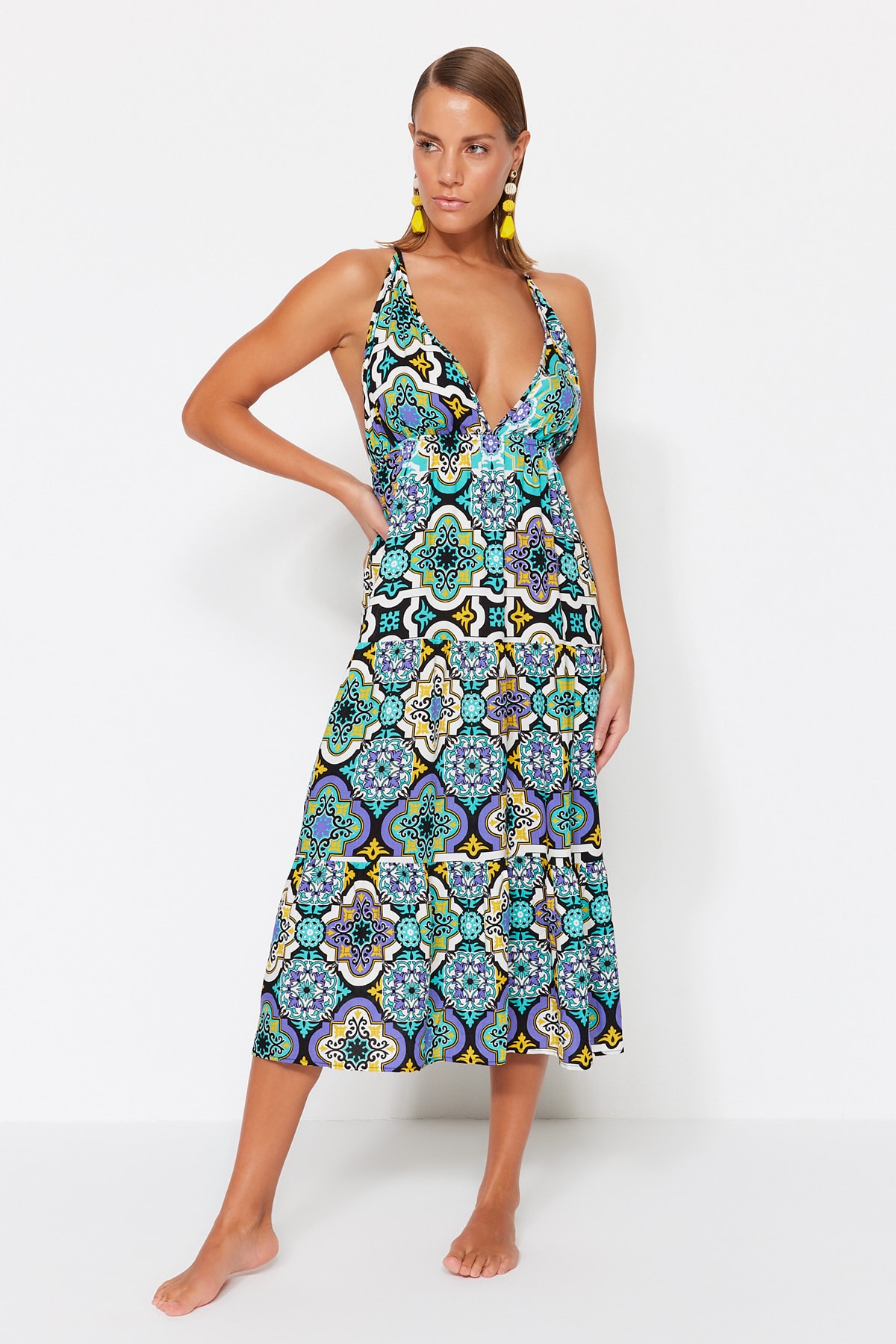 Тканое пляжное платье миди с плиточным узором Trendyol, разноцветный