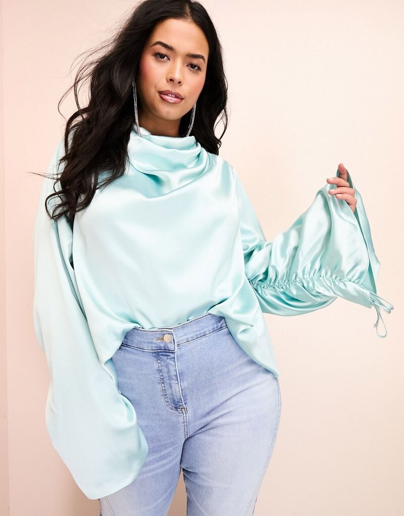 

Синий атласный драпированный топ с объемными рукавами ASOS LUXE Curve