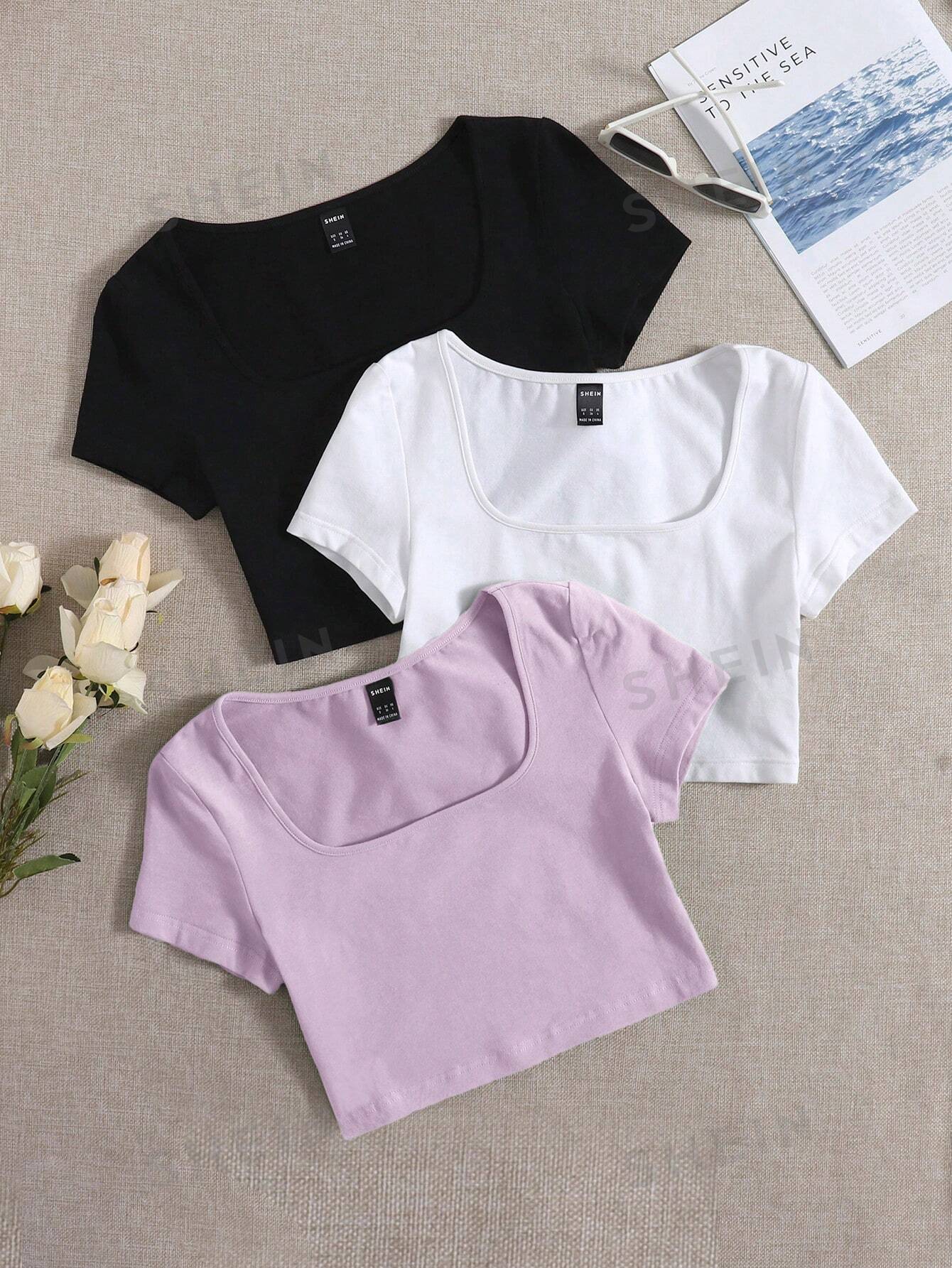 цена SHEIN EZwear 3 шт. однотонная приталенная футболка с круглым вырезом и короткими рукавами, сиреневый фиолетовый
