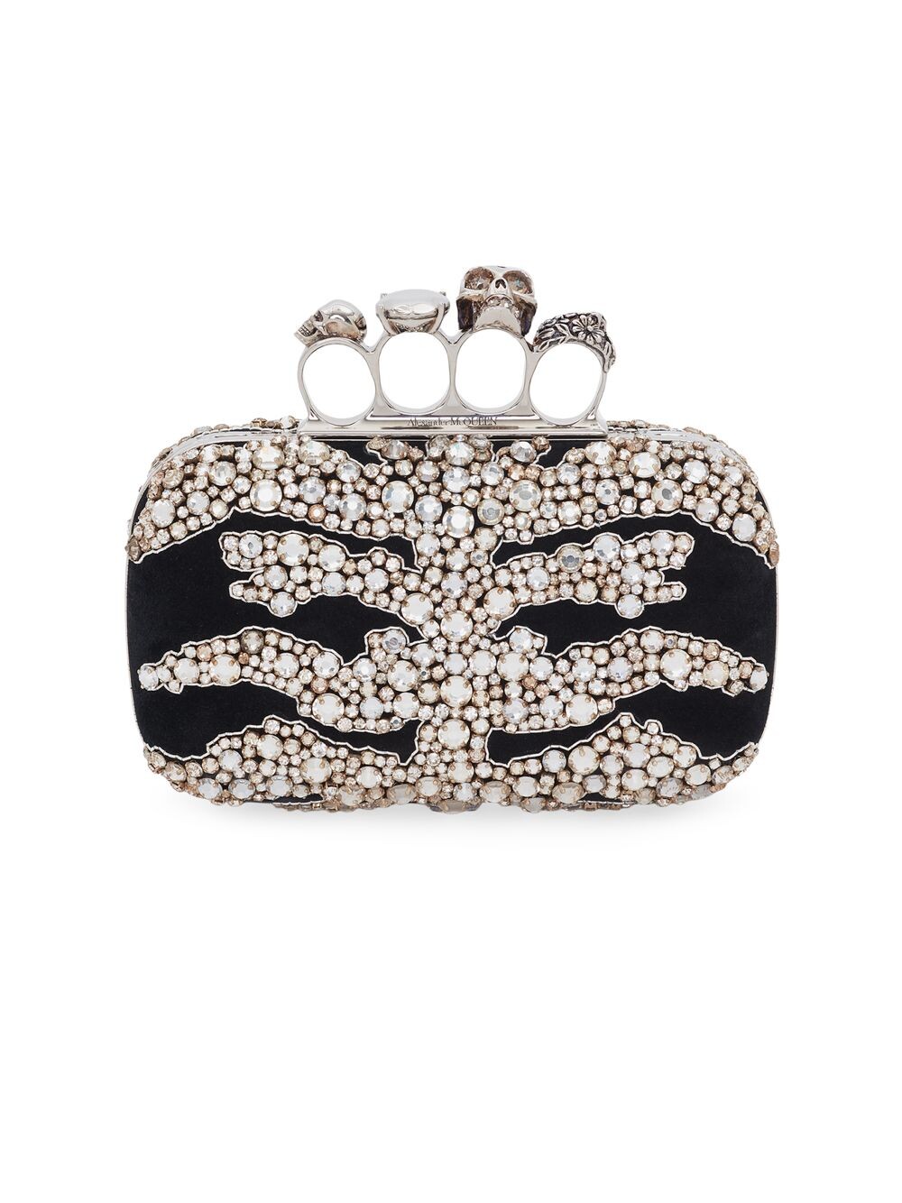 

Украшенный драгоценными камнями клатч-бокс с четырьмя кольцами Alexander McQueen, серебряный