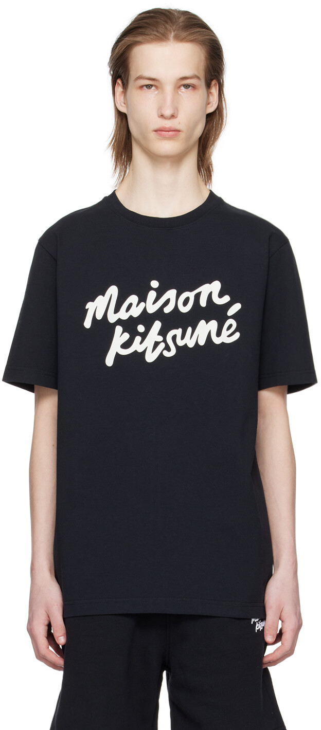 

Черная классическая футболка с рукописным вводом Maison Kitsune