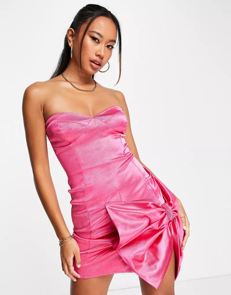 Ярко-розовое атласное платье мини без бретелек с бантом ASOS