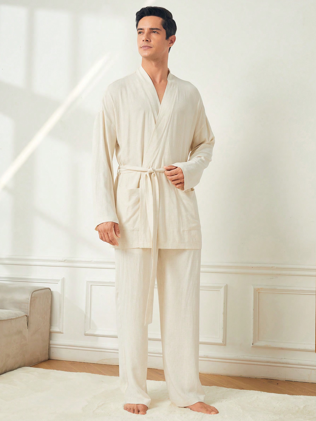 SHEIN Мужской свободный однотонный комплект домашней одежды для отдыха, абрикос фото