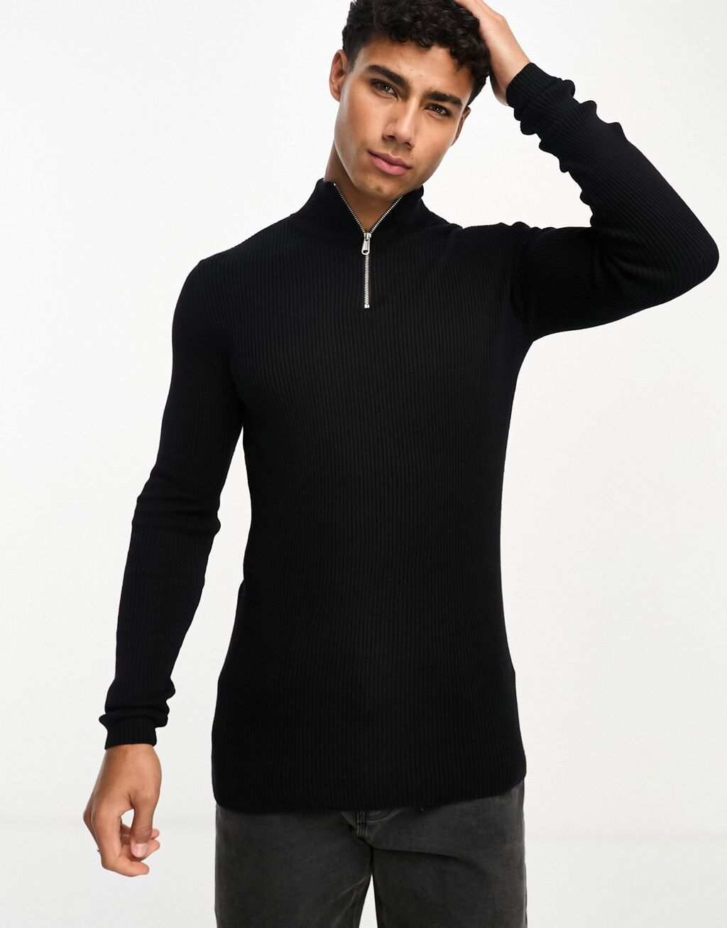 

Черный вязаный джемпер с молнией 1/4 ASOS DESIGN