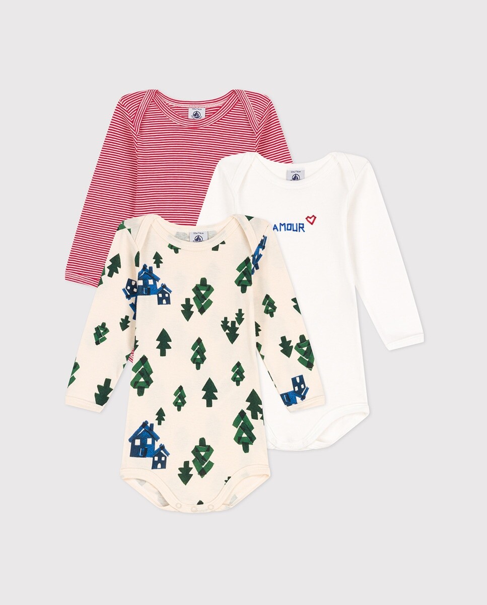 

Набор из 3 хлопковых боди с длинными рукавами и елочками для ребенка Petit Bateau, разноцветные