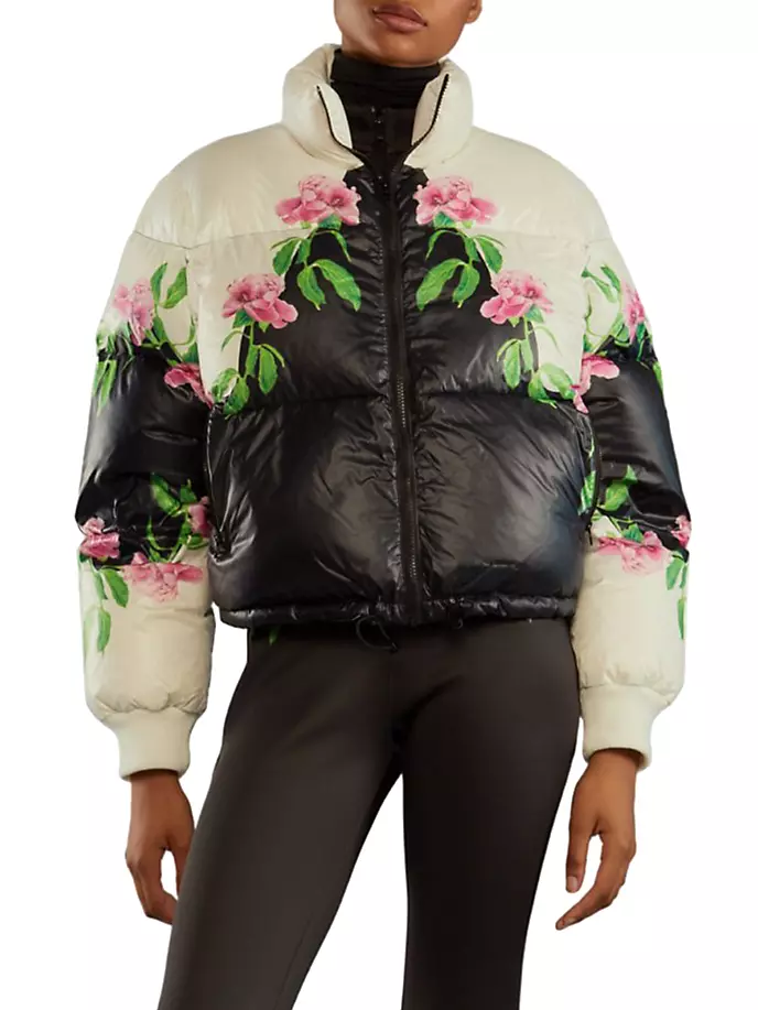 Укороченная куртка-пуховик с цветочным принтом Cynthia Rowley, черный