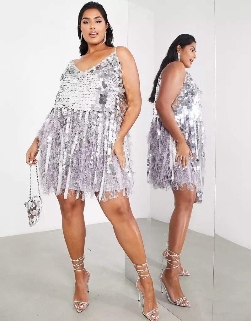 

Сиреневое и серебристое мини-платье ASOS Curve с крупными пайетками и подолом из искусственных перьев
