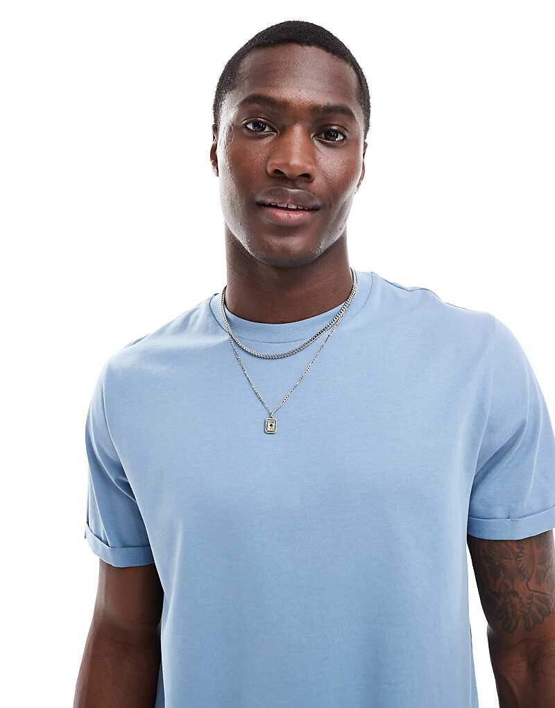 

Синяя футболка с круглым вырезом и закатанными рукавами ASOS DESIGN Essential
