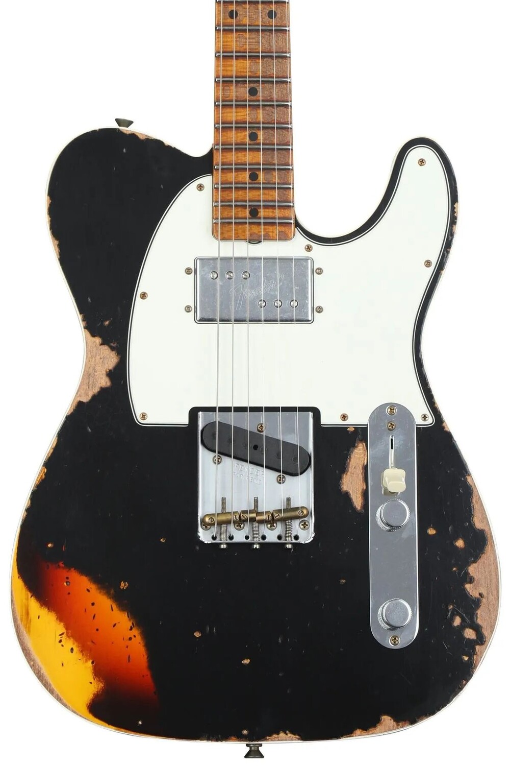 

Новая электрогитара Fender Custom Shop, ограниченная серия Red Hot Cunife Telecaster Heavy Relic, электрогитара — состаренный черный поверх шоколада, 3 цвета Sunburst