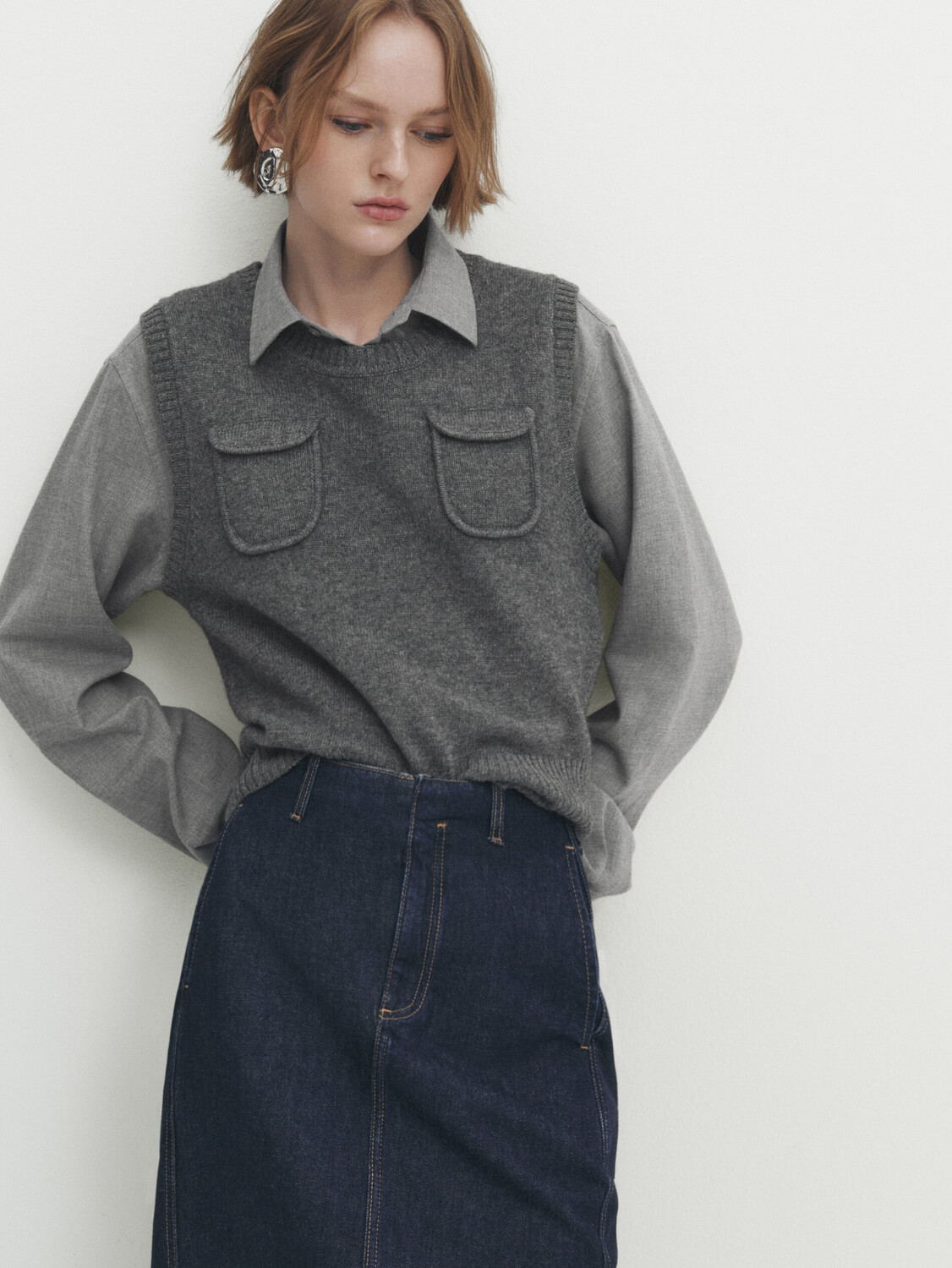 

Прямая юбка миди из денима с открытием на спине Massimo Dutti, темно-синий