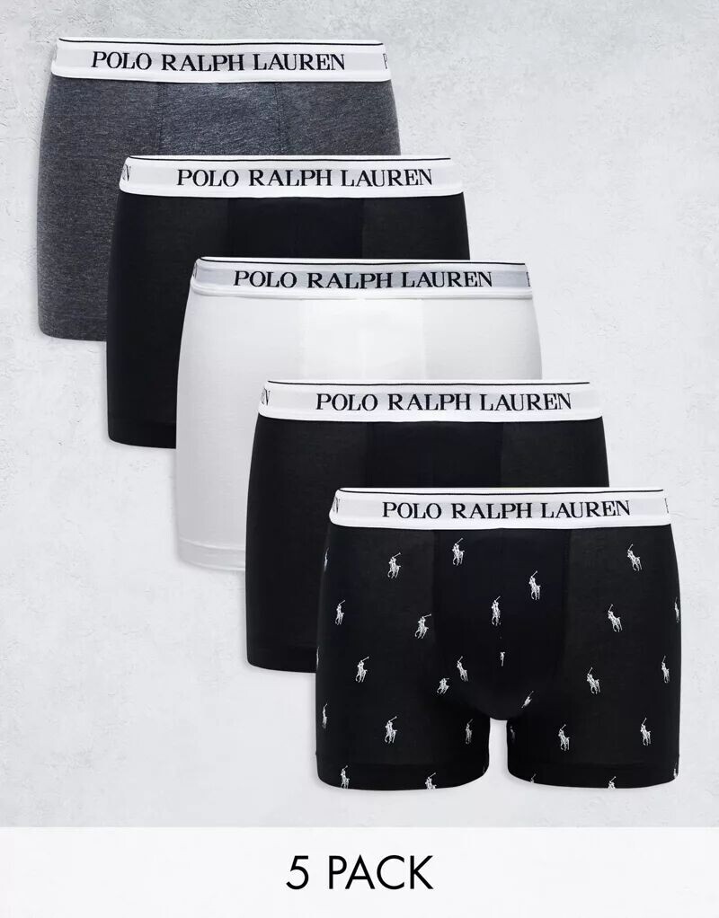

Комплект из 5 плавок Polo Ralph Lauren черного, серого и белого цветов с логотипом игрока в поло по всей поверхности
