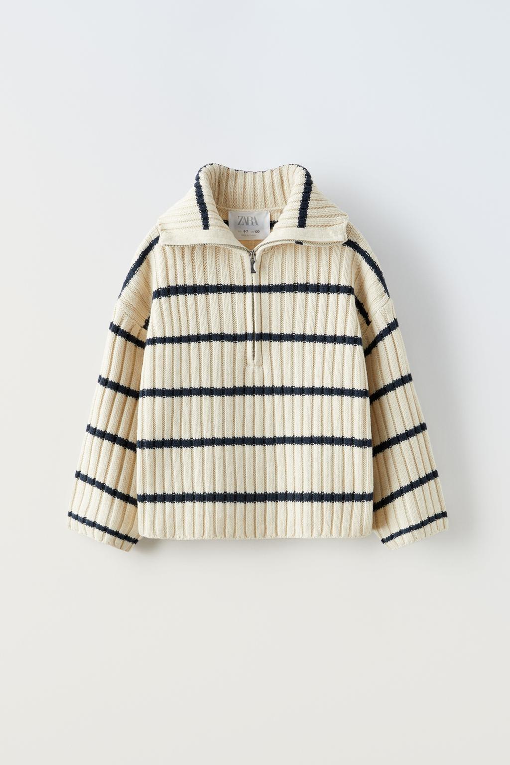 Трикотажный свитер в полоску ZARA, экрю/синий свитер женский осенне зимний новый свитер утепленный топ с длинными рукавами вязаная рубашка трикотажный кардиган