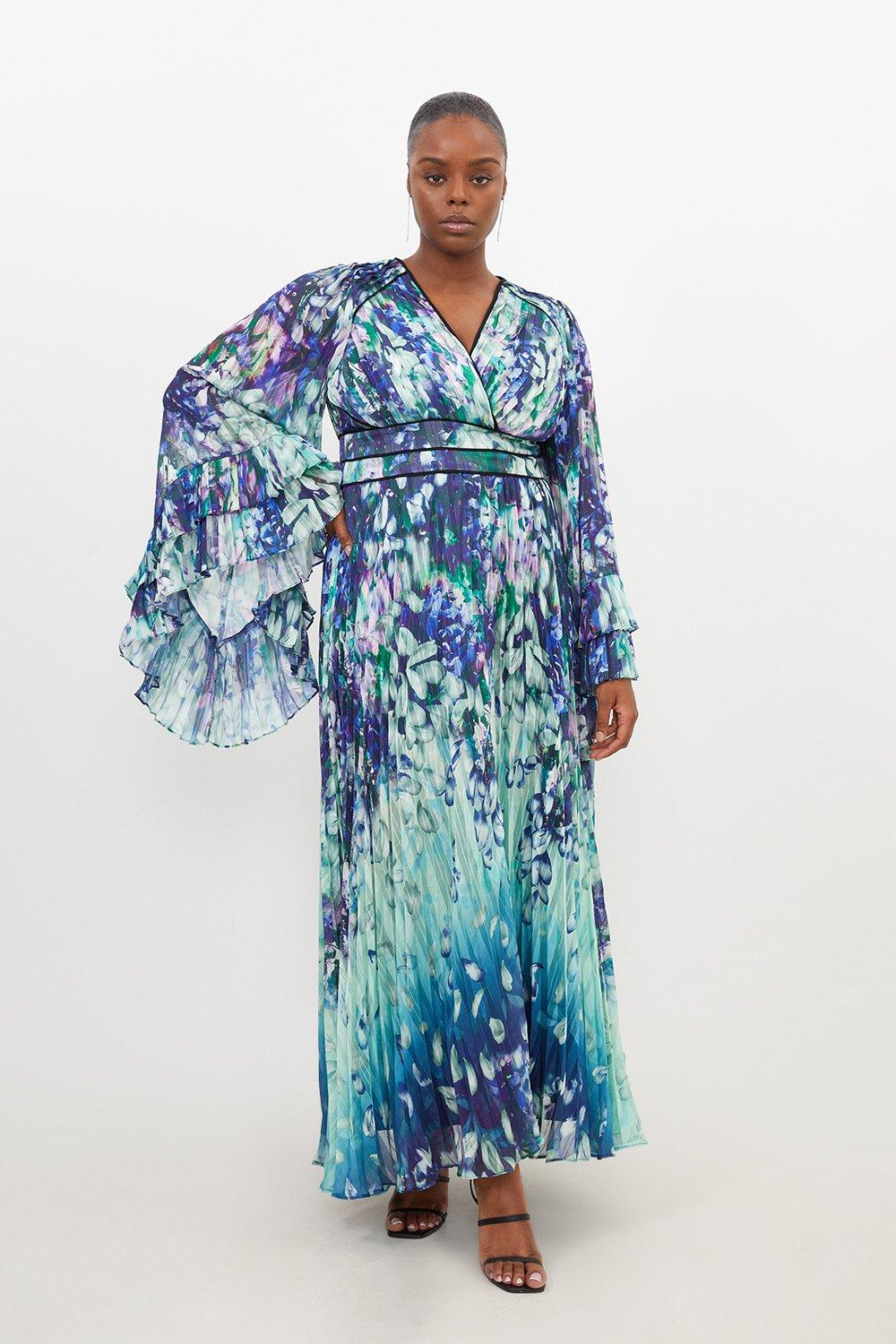 Плюс размер Драматическое кимоно с цветочным принтом Тканое платье макси Karen Millen, синий тканая блузка кимоно с цветочным принтом karen millen синий