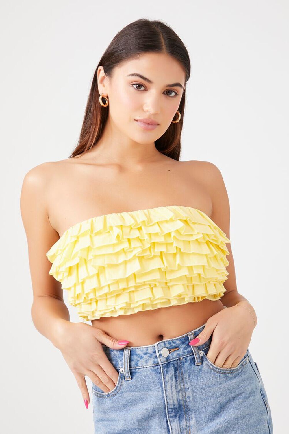 

Укороченный топ без рукавов с рюшами Forever 21, желтый