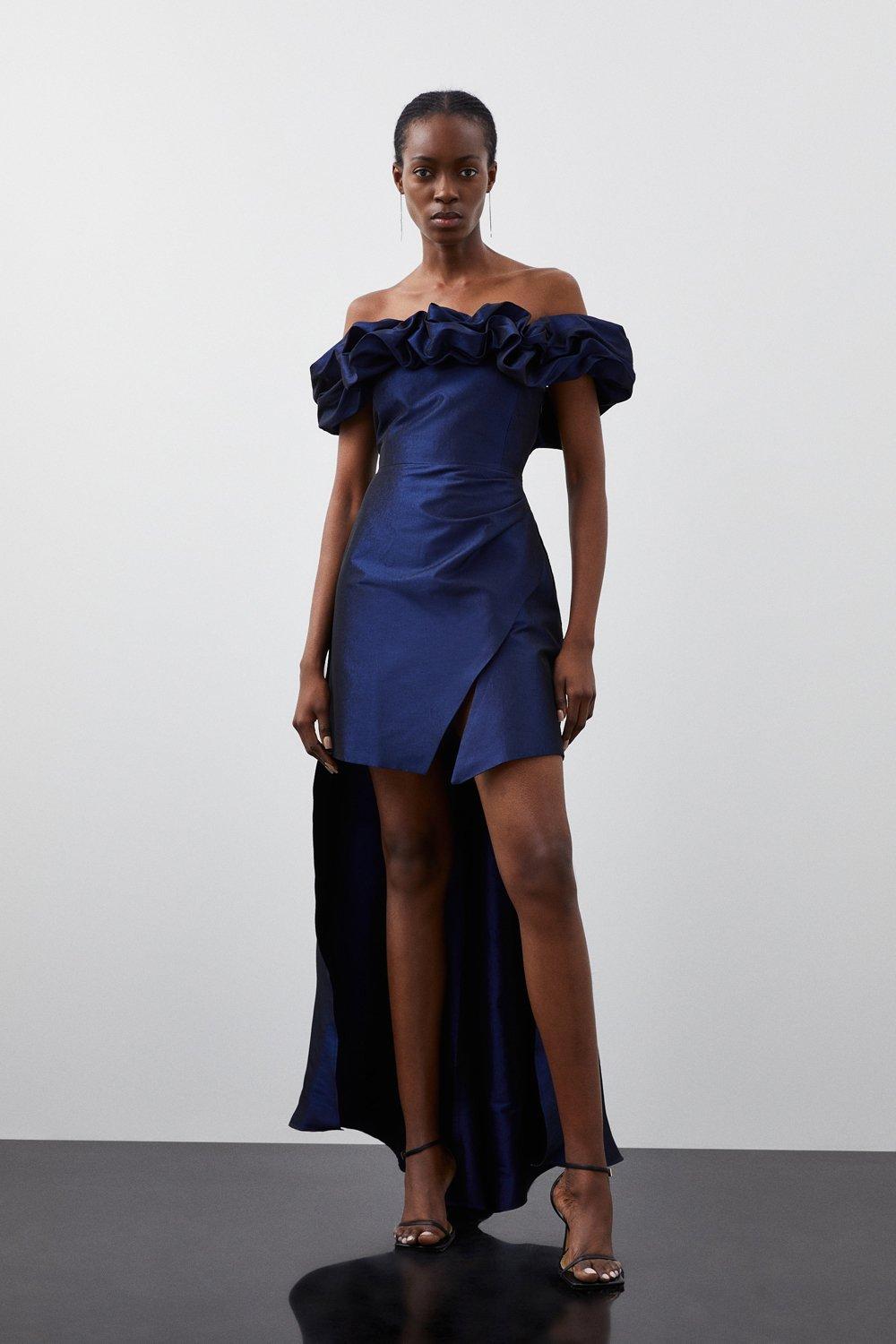Миниатюрное мини-платье металлического цвета с открытыми плечами и высоким низким вырезом Karen Millen, синий