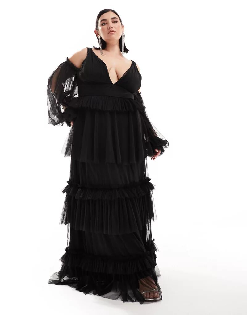 Черное ярусное платье макси из тюля с прозрачными рукавами Lace & Beads Plus