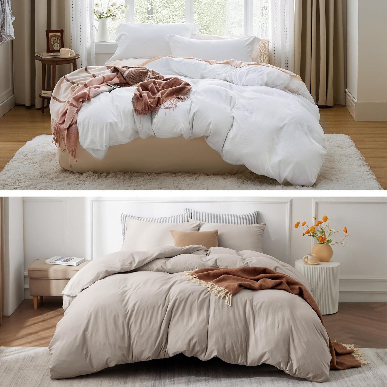 

Комплект пододеяльников Bedsure White King из предварительно выстиранной микрофибры + дубленое лен, комплект пододеяльников из 100% хлопка джерси, застежка-молния, размер King Size, White, Tannish Linen