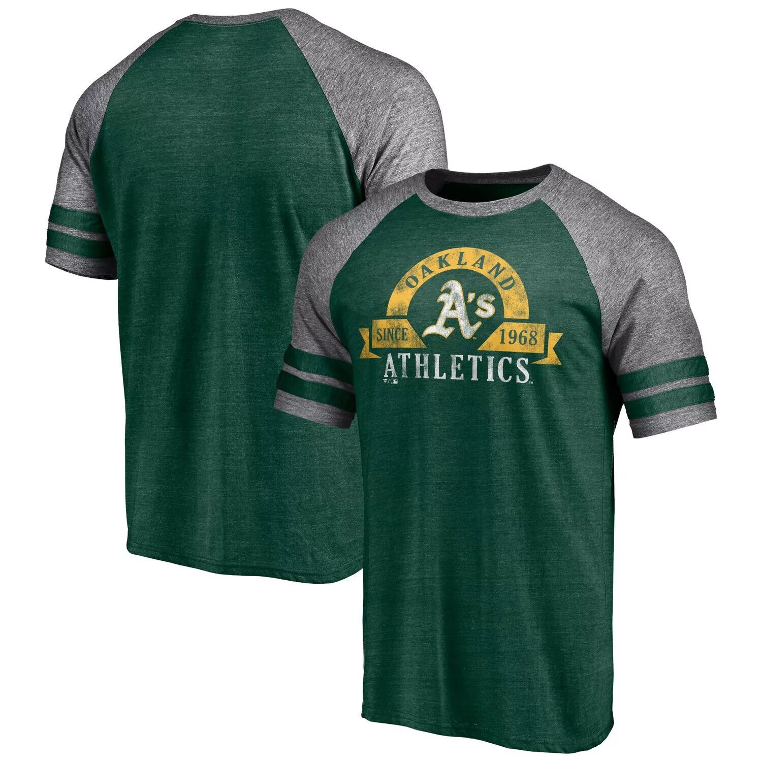 

Мужская футболка Fanatics с логотипом Heather Green Oakland Athletics, двухполосная футболка реглан Tri-Blend