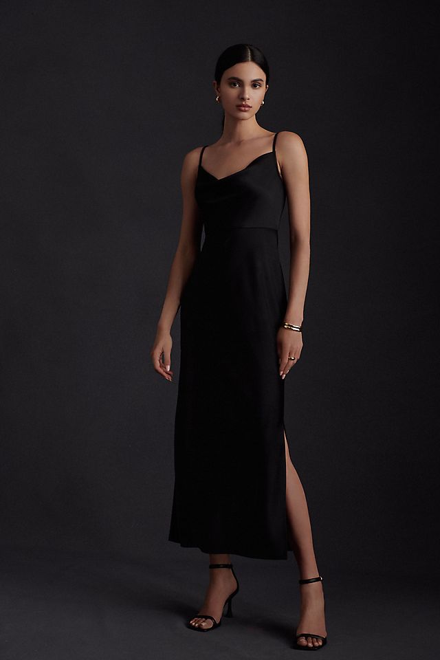 Платье-комбинация BHLDN Cali миди с воротником-хомутом, черный цена и фото