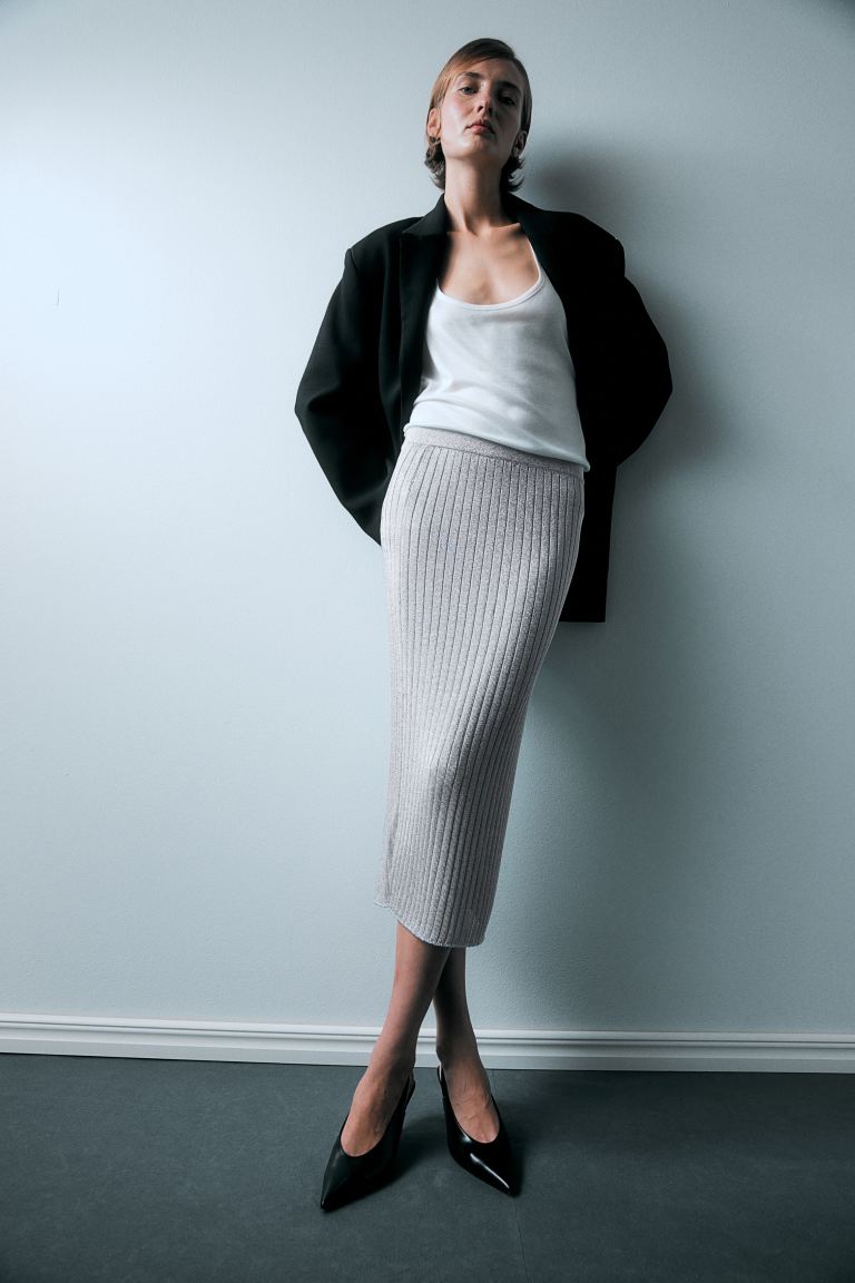 Юбка из блестящего ребристого трикотажа H&M, серебряный юбка длинная из блестящего трикотажа эффект набедренной повязки xs черный