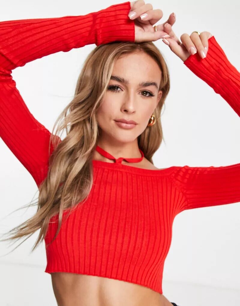 

Красный вязаный укороченный топ Monki Bardot с воротником-халтером