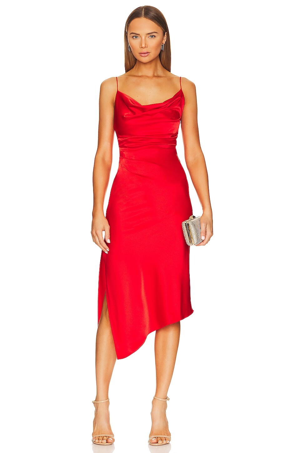 

Платье миди Alice + Olivia Vista Asymmetrical Slit Midi Slip Dress, цвет Chili Pepper