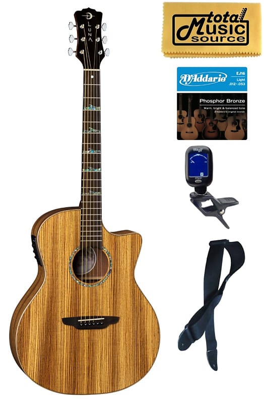 цена Акустическая гитара Luna Guitars HT ZBR GCE High Tide Zebrawood Grand Concert Cutaway A/E, Bundle
