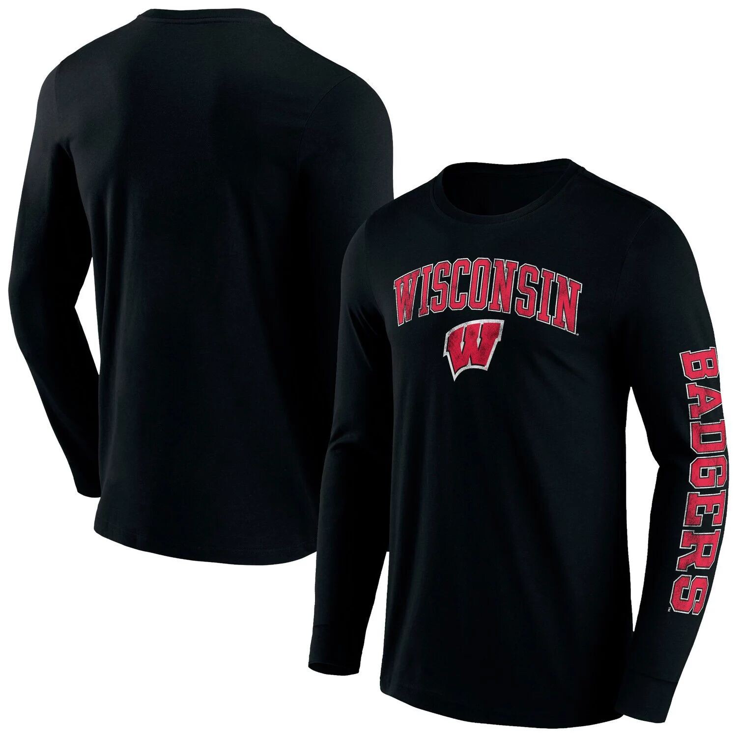 

Мужская фирменная черная футболка с длинным рукавом Wisconsin Badgers с рваной аркой и логотипом 2.0 Fanatics
