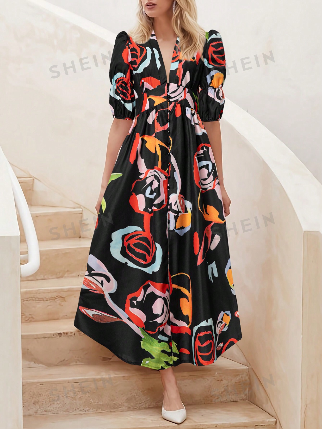 SHEIN Privé Свободное платье с короткими рукавами и V-образным вырезом с узором и принтом, черный