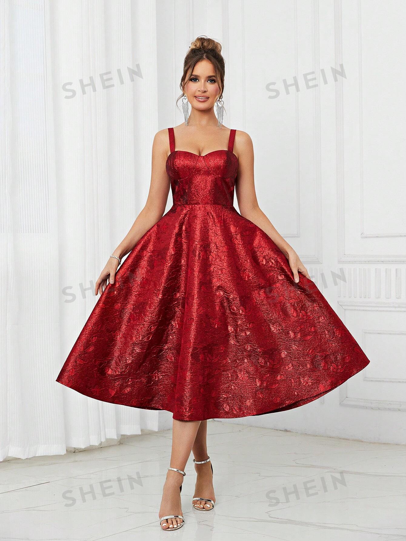цена SHEIN Belle Элегантное и романтичное красное роскошное жаккардовое атласное платье с чашечкой на груди в елочку с узкой спинкой на шнуровке трапециевидной формы, красный