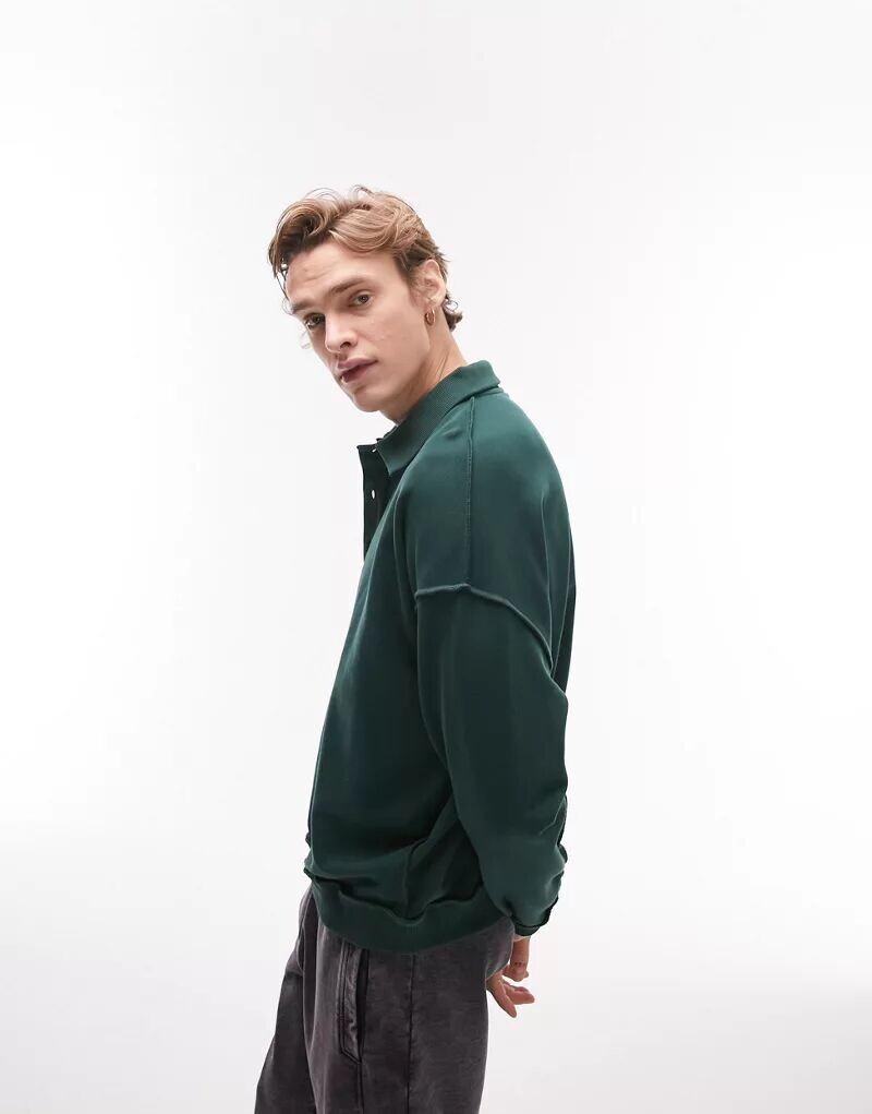 

Зеленая рубашка-поло оверсайз с открытой строчкой Topman