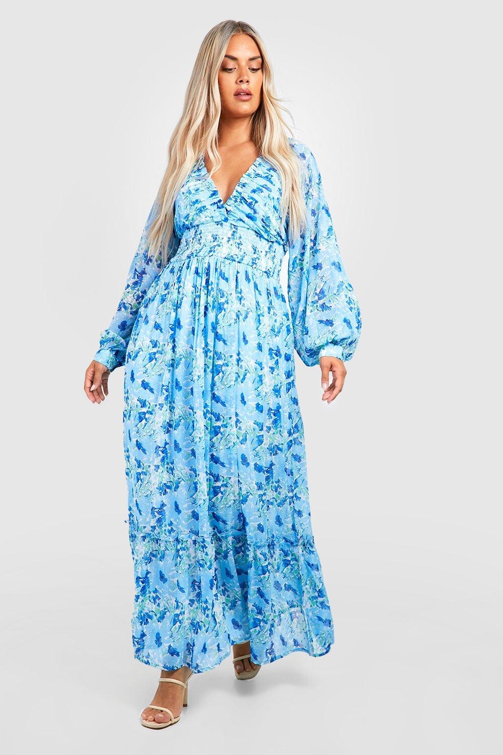 

Платье макси с цветочным платьем добби с прибором на талии Boohoo, синий