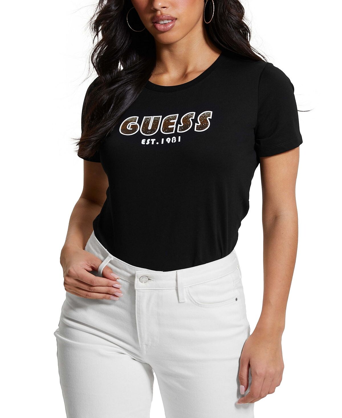 

Женская хлопковая футболка с круглым вырезом и стразами с логотипом GUESS