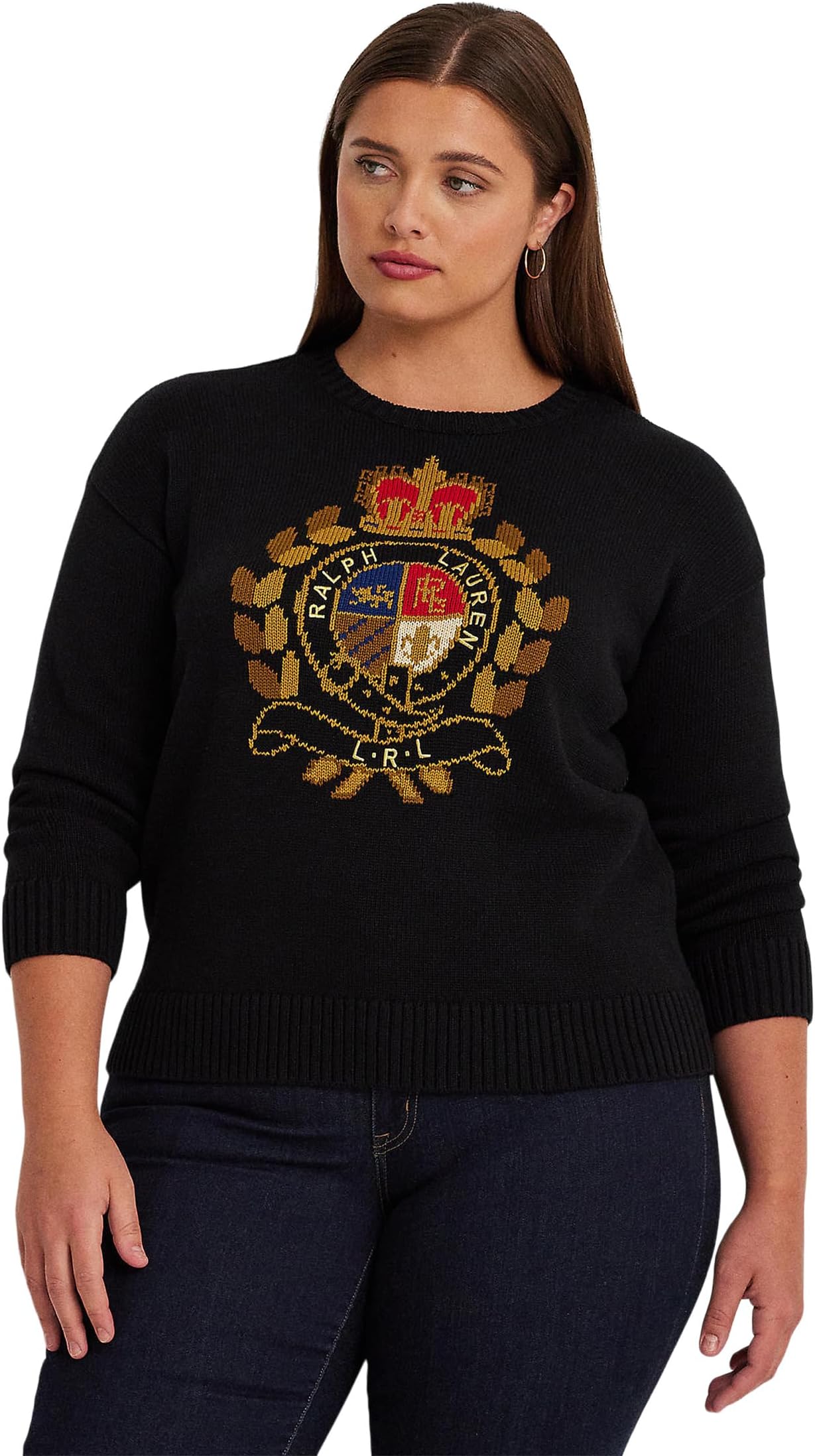 

Свитер Lauren Ralph Lauren Plus-Size Intarsia-Knit Crest Cotton-Blend Sweater, черный