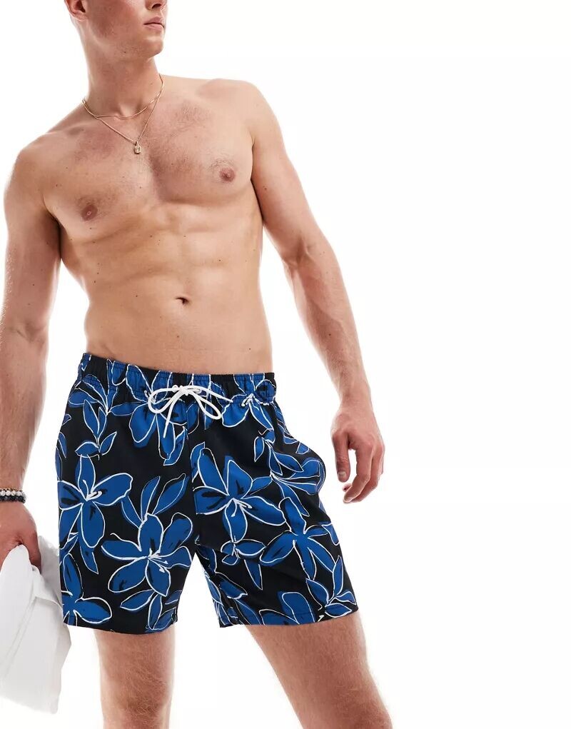 

Черные шорты для плавания Hollister с синим цветочным принтом и боковыми карманами, внутренний шов 9 дюймов