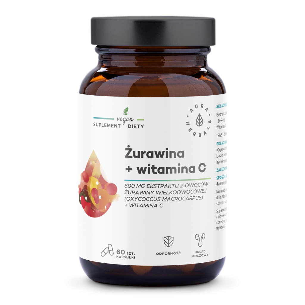 Aura Herbals Żurawina 800 mg + Witamina C капсулы для поддержки иммунной системы, 60 шт. витамин с в капсулах witamina c 1000 mg 120 шт