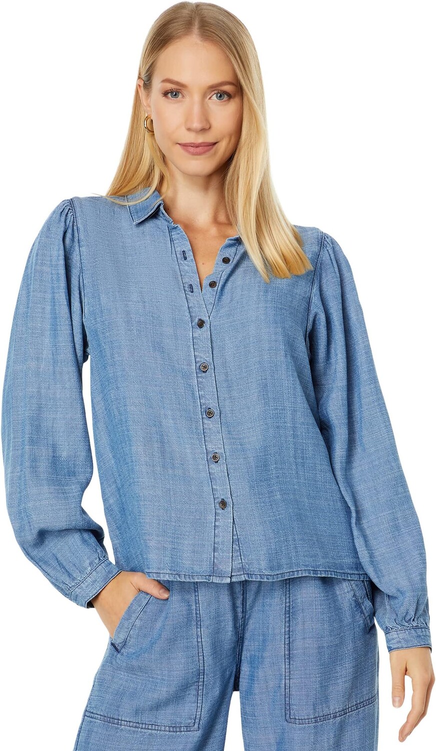 

Рубашка на пуговицах с присборенными рукавами Lilla P, цвет Washed Chambray