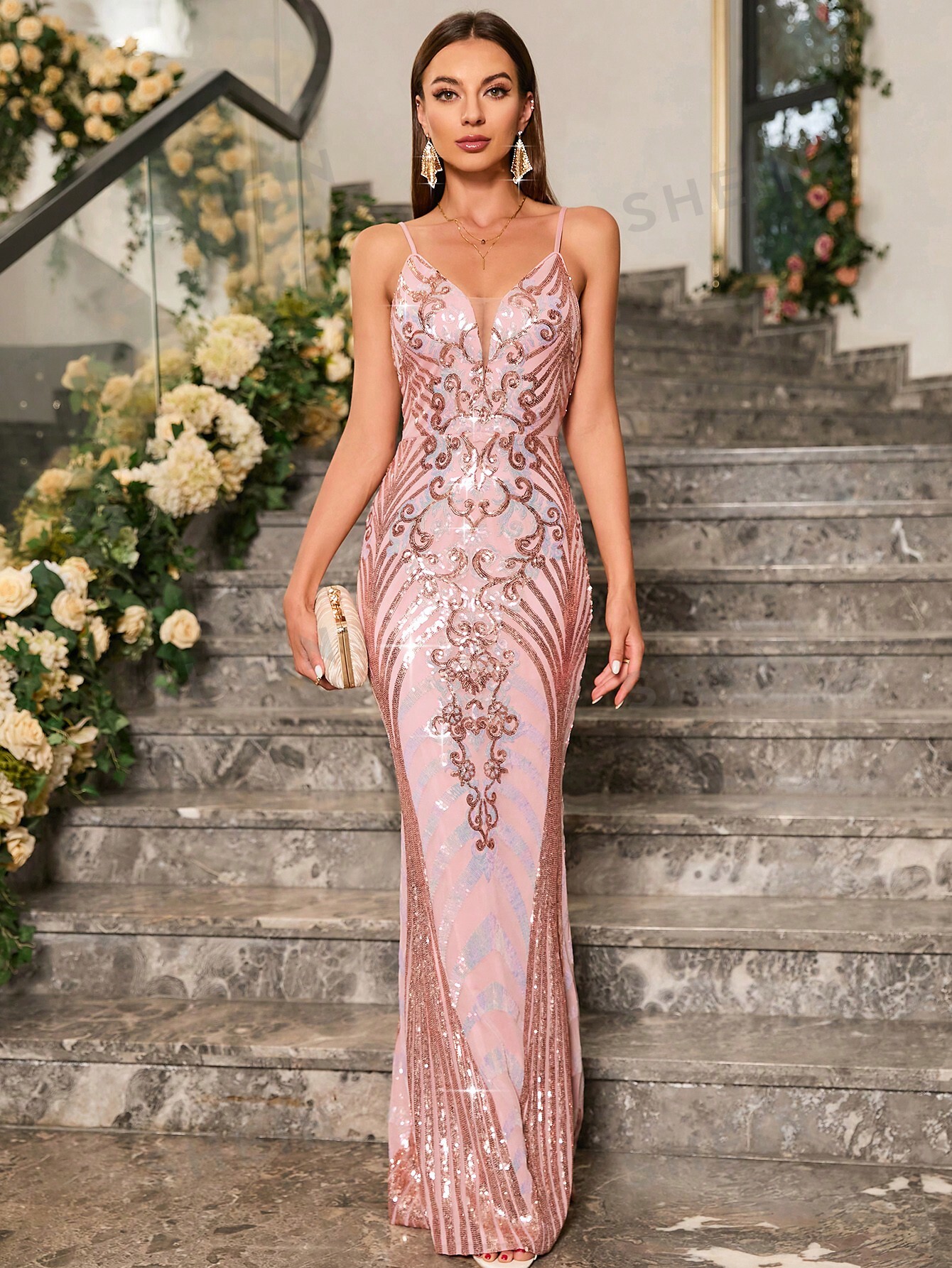 SHEIN LUNE Женское вечернее платье на тонких бретелях с блестящим узором, розовый