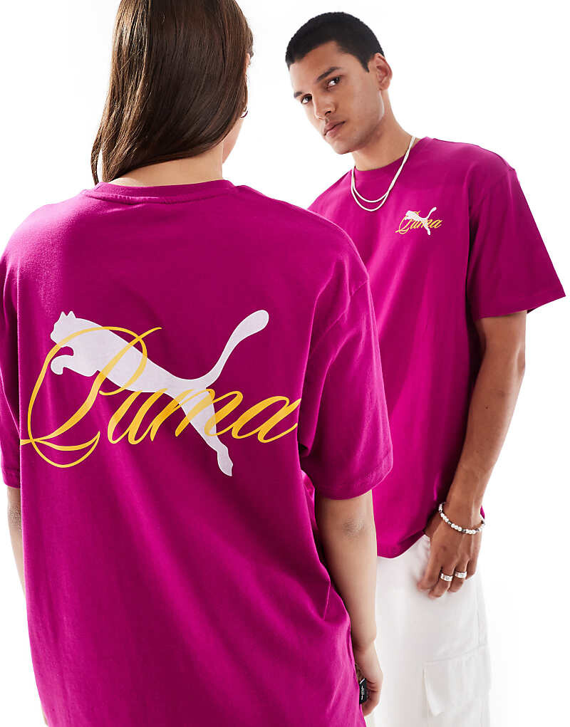 

Фиолетовая и желтая футболка PUMA Terrace с принтом на спине