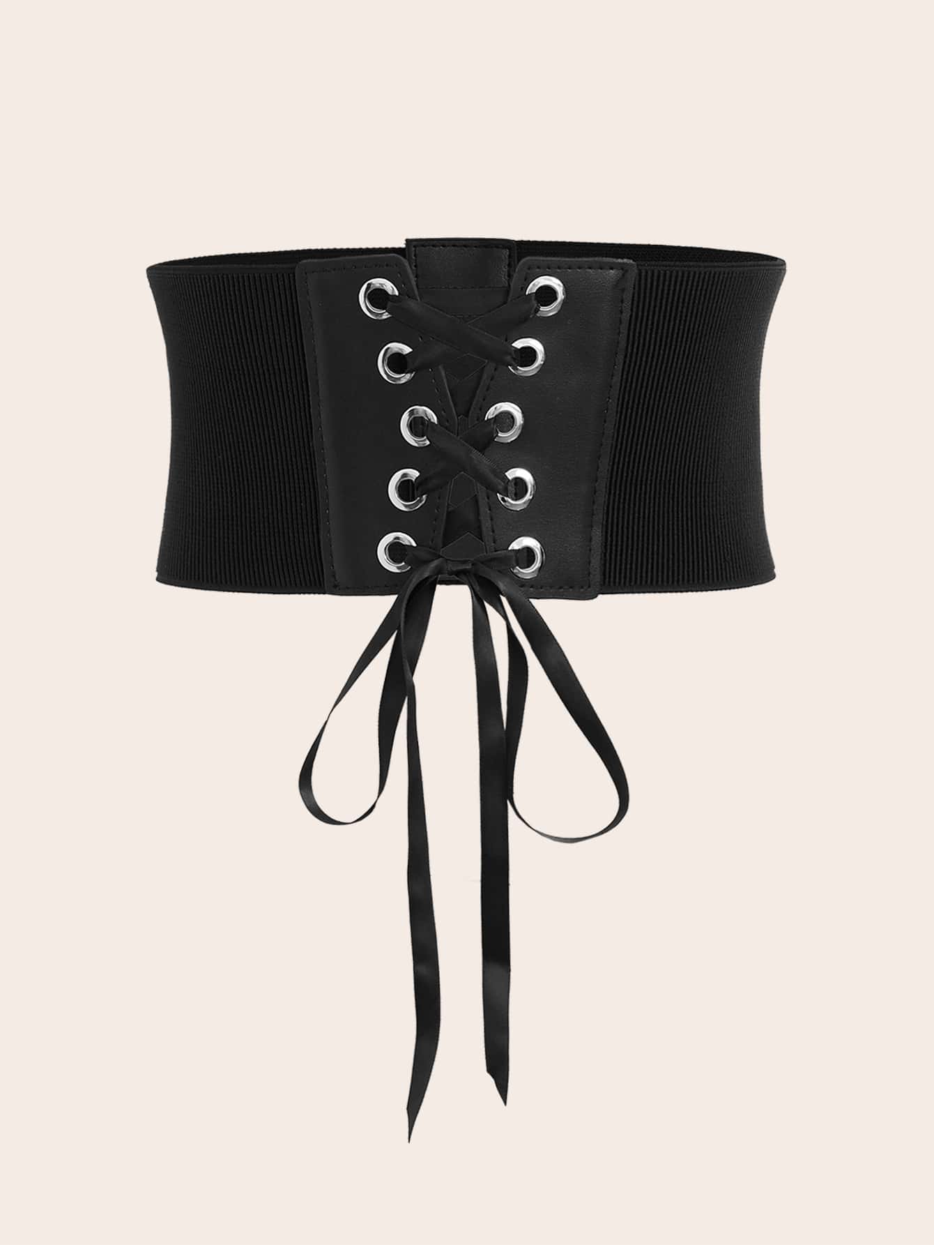 Элегантный широкий пояс с декором в стиле панк и шнуровкой, ремень для платья, черный
