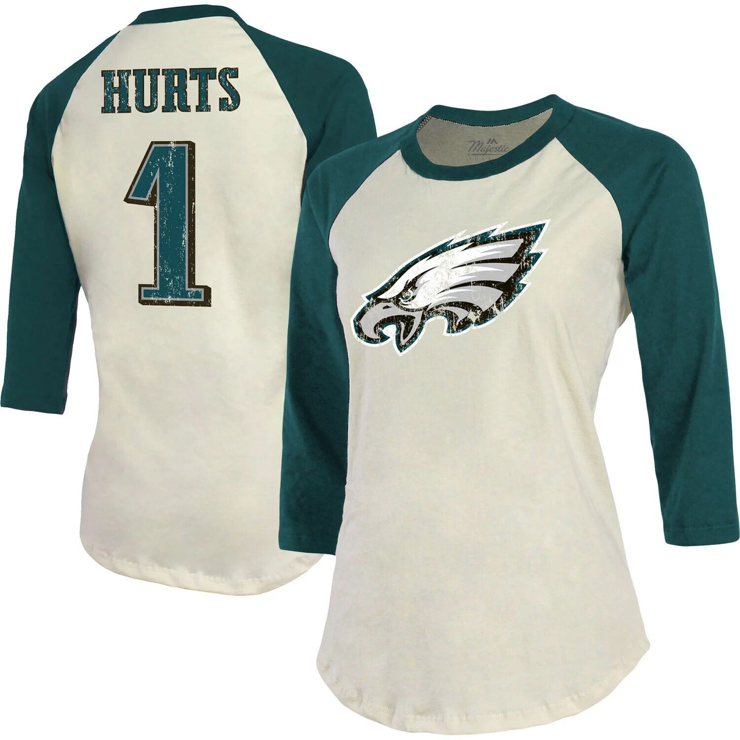 

Женская футболка Majestic Threads Jalen Hurts Cream/Midnight Green Philadelphia Eagles, имя и номер игрока, футболка реглан с рукавами 3/4 Majestic