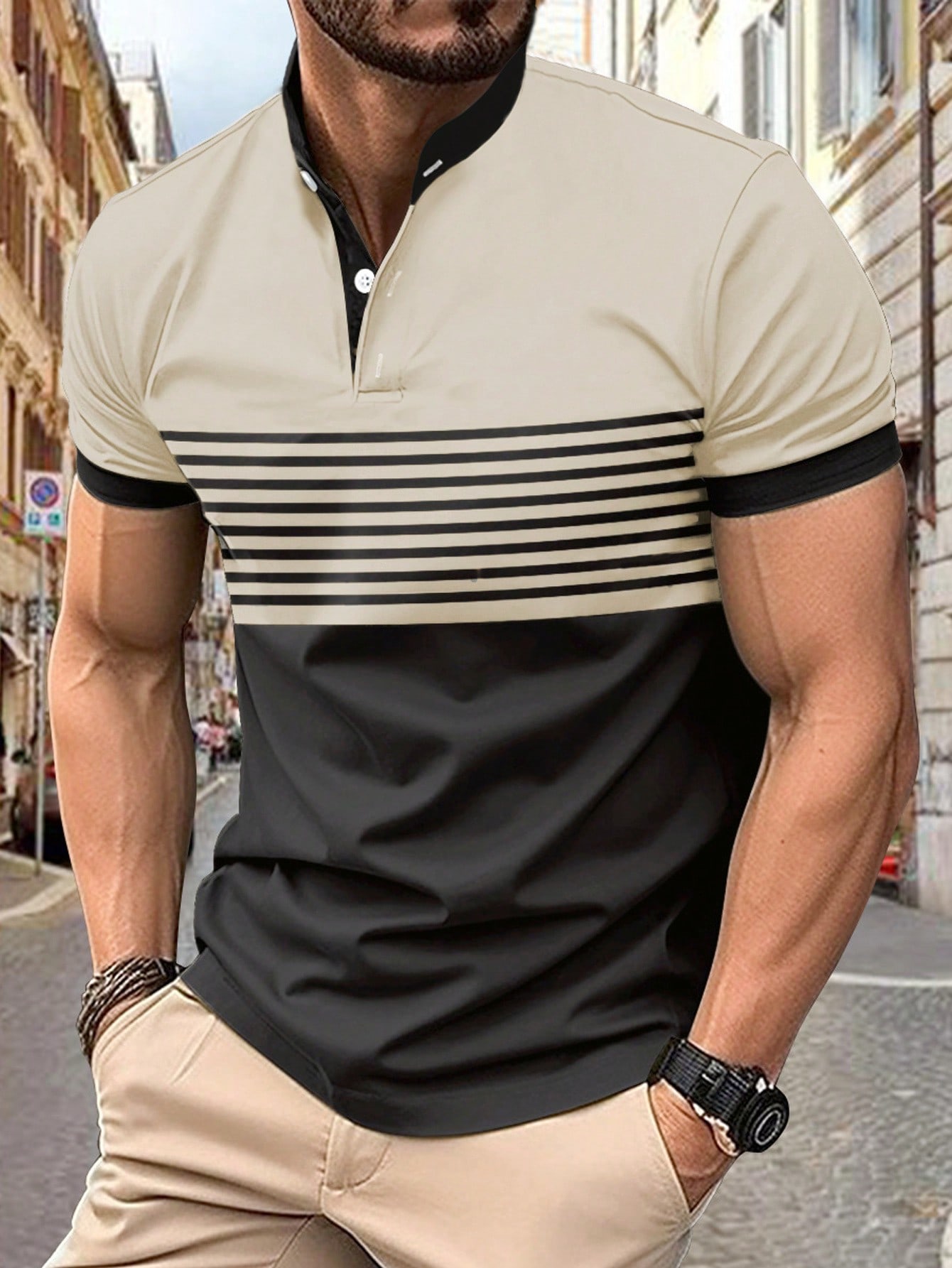 Мужская рубашка-поло в полоску с короткими рукавами Manfinity Homme, хаки рубашка мужская из ткани оксфорд с коротким рукавом в полоску 100% хлопок