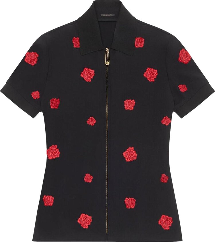 Рубашка Versace Zip Up Rose Embroidered Short-Sleeve 'Black', черный