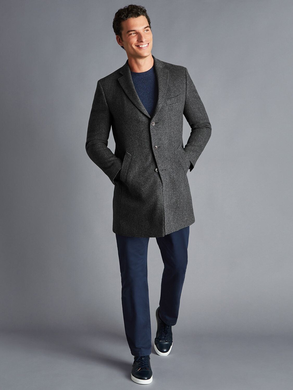 

Charles Tyrwhitt Grey Шерстяное пальто с узором в ёлочку, Серый
